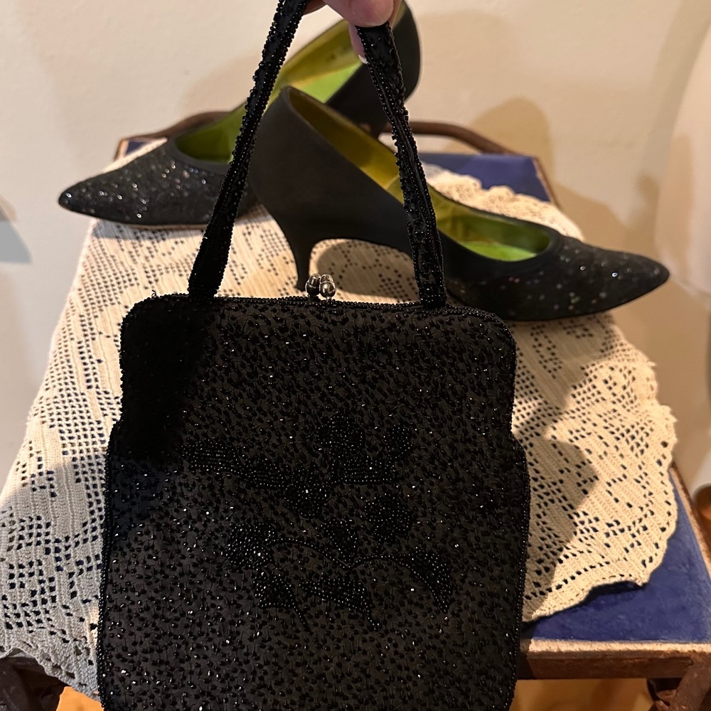 Mr Easton Glittery Black 1950s High Heels & Beaded Bag Set MCM Vintage - Choice!